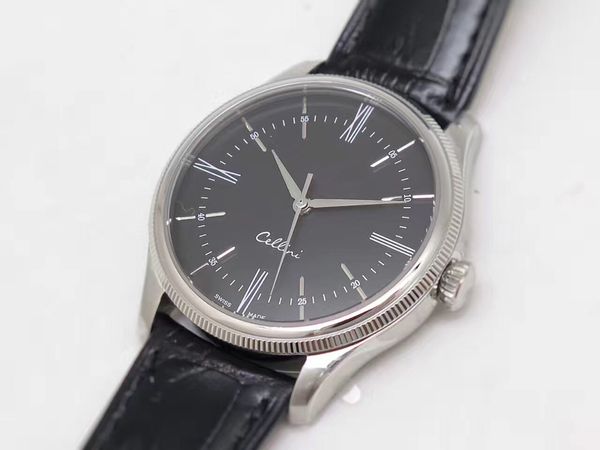 

classic mens movement watches silver dail cellini m50509 mechanical automatic black watches leather strap designer 0006 txvnq, Slivery;brown