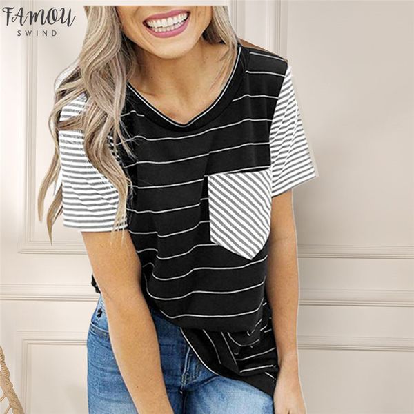 

striped t shirt women o neck short sleeve 2020 new pocket tee shirts women clothes v neck casual female raglan sleeves, White