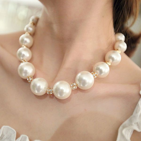 

korean classic pearl necklace round imitation pearl hand-drilled ball necklace chain for women, Silver
