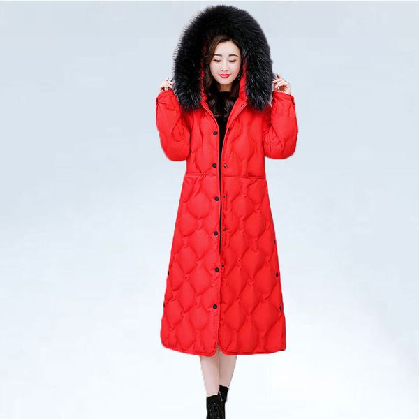 

natural fur collar long coat jacket female 2019 winter jacket women fashion new hooded long-sleeved cotton coat, Black