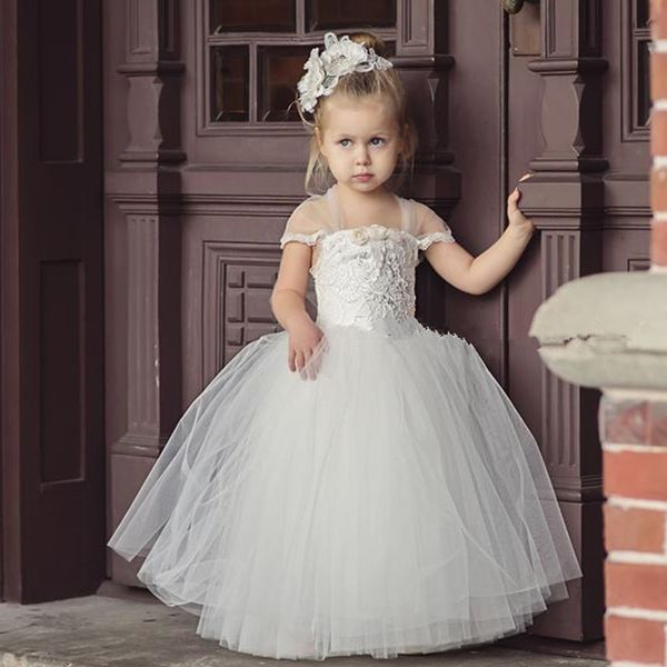 

sleeveless applique flower girl dresses for birthday party and wedding lace tulle pageant dress for girls toddler, White;blue