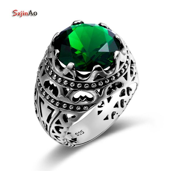 

szjinao genuine 925 sterling silver rings punk vintage style green emerald semi-precious stones for women mens gifts, Golden;silver