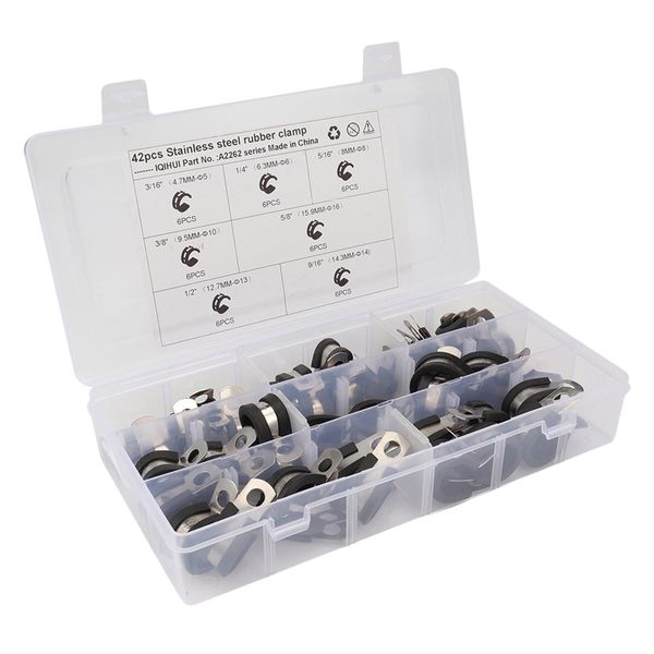 

cable clamps assortment kit 42 pcs stainless steel rubber cushion pipe clamps assorted in 7 size 3/16 inch 1/4 inch 5/16 3
