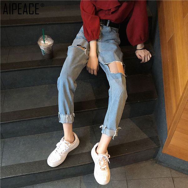 

aipeace summer women cowboy pants women fashion casual pure color hole do old little feet pants lady tall waist slim loose jeans, Blue