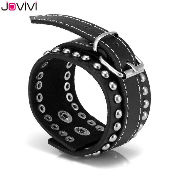 

jovivi black leather metal spike studded rivet skull punk rock biker wide strap bracelet for women men adjustable 11.5-13"inches, Golden;silver