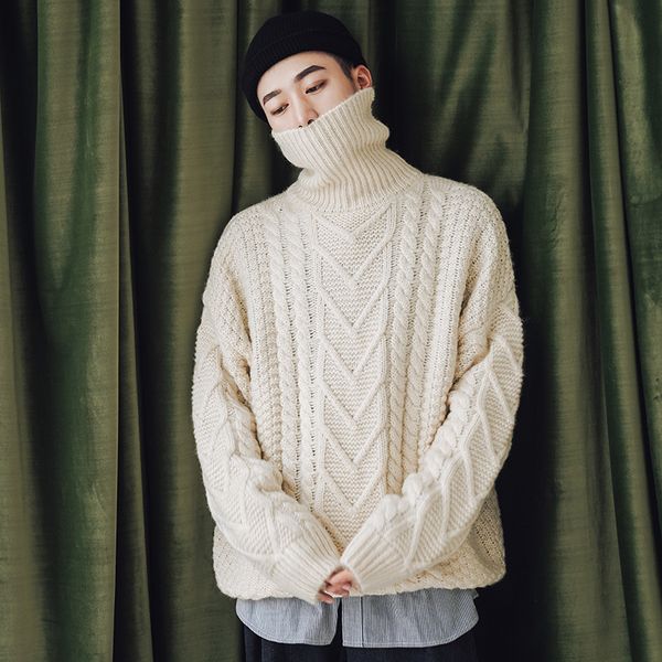 

2018 winter men's casual thicken cashmere knitting woolen sweaters brand in warm pullover loose clothes coats turtleneck -xl, White;black