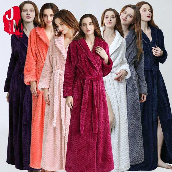 Women Extra Long Warm Coral Fleece Bathrobe Winter Thick Flannel Thermal Bath Robe Kimono Dressing Gown Bride Peignoir Sleepwear1