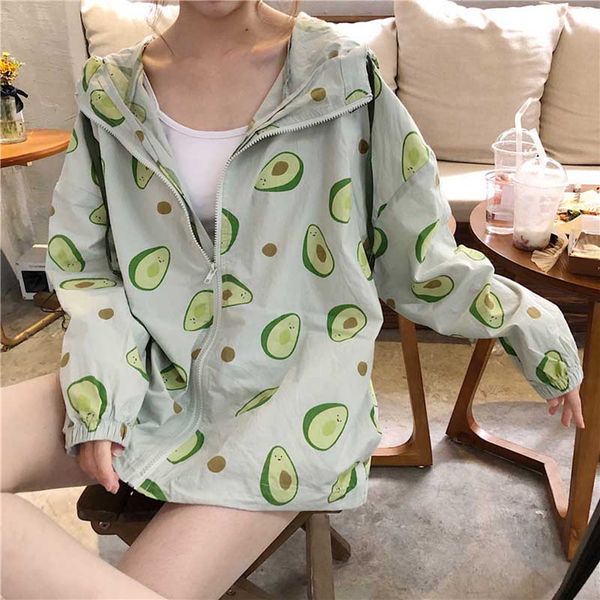 

nicemix summer women jacket mori girl cartoon avocado print loose hooded bow half sleeve cotton casual coat female sunscreen out, Black;brown