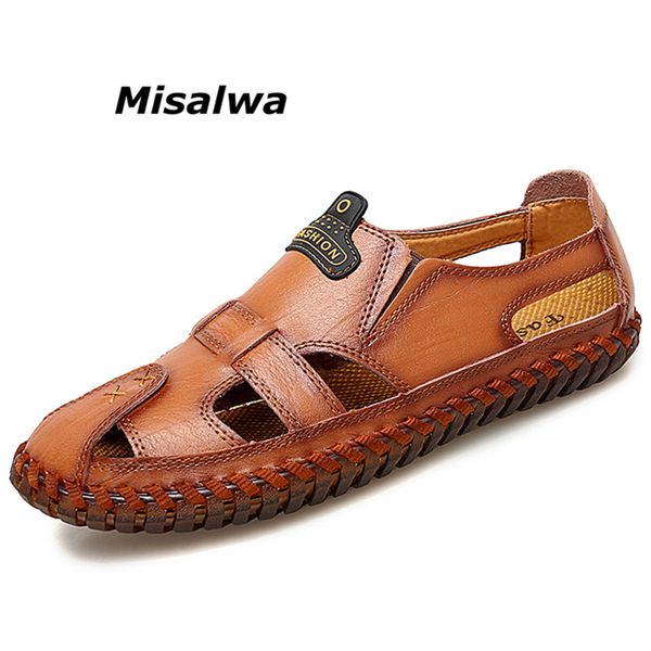 

misalwa hollow men's sandals loafers close-toe summer driving beach fisherman handmade masculino adulto leisure shoes big size, Black