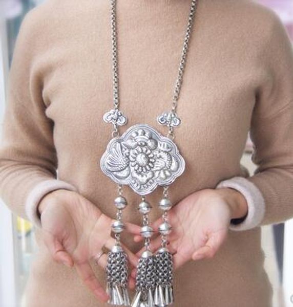 

national style jewelry autumn and winter models silver silver seedlings handmade seedlings silver necklace exaggerated long life lock