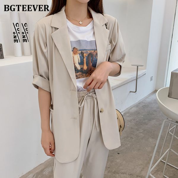 

women's suits & blazers bgteever summer women pant short sleeve jacket elastic waist 2021 female blazer set casual 2 pieces femme, White;black