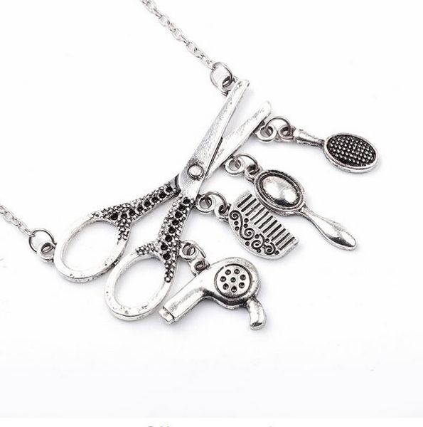 

старинные серебряные ювелирные изделия ожерелье инструменты фен / ножницы / расческа / зеркало подвески ожерелье парикмахерская парикмахер н, Silver