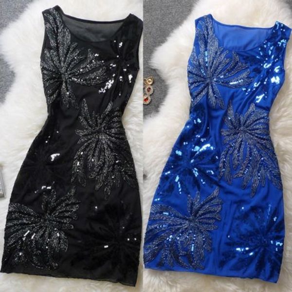 

2019 new summer party dress elegant women sequine sparkling tank dress embroidered flower sleeveless short mini, Black;gray