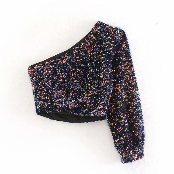 

england vintage women blouse sequins asymmetric strapless one shoulder women and blouse stylish female pullovers, White