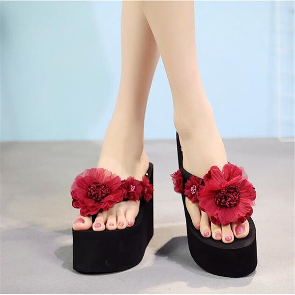 

slippers wedge flip flop for women flower platform mule heels 11/8cm woman chanclas de plataforma womens flops, Black