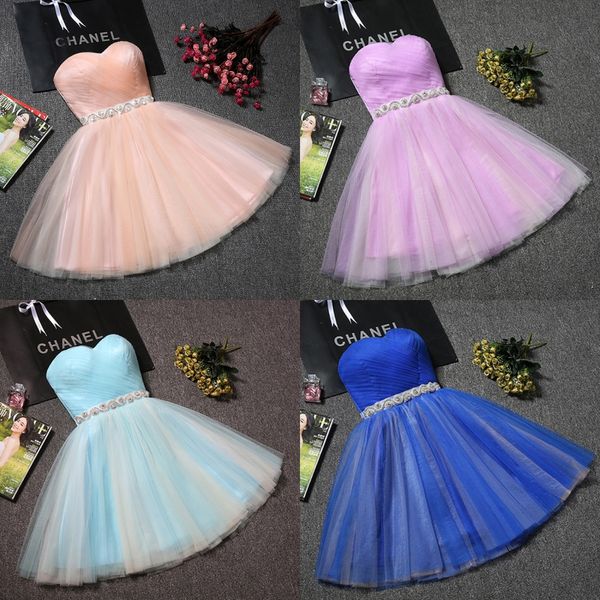 Adorável curta dama de honra vestidos de verão vestidos de dama de honra macio tulle com vestido de festa de faixa de brilho à venda agora rosa / cinza claro / roxo