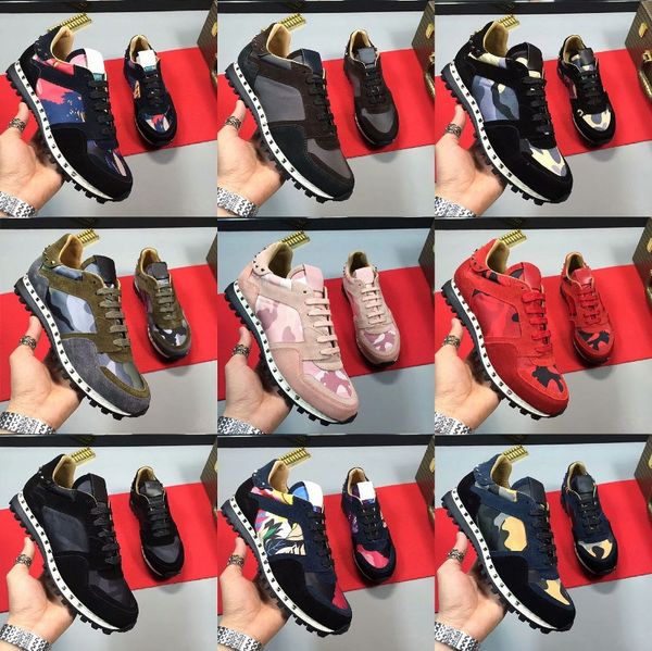

luxury designer rivet rockrunner fashion leather suede stud rockrunner camouflage sneakers men women flats trainers casual shoes, Black