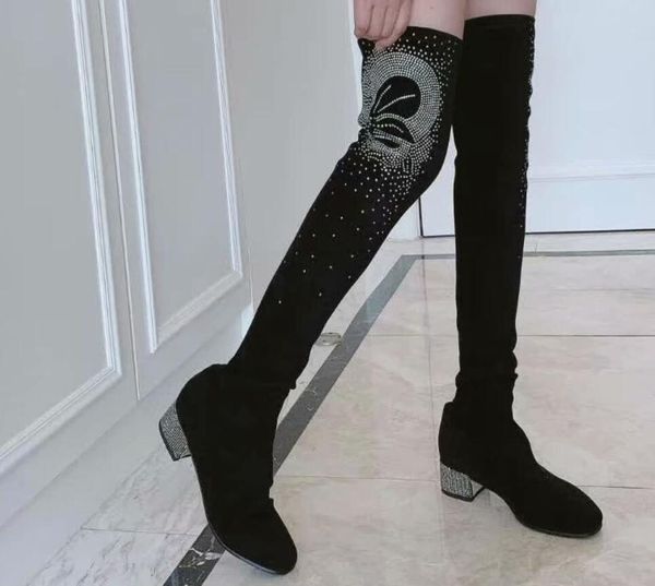 Caldo autunno vendita-molla delle donne booties calzino camoscio nero VERA PELLE tirare su tacchi bassi Coscia-alta di cristallo impreziosito Over-the-ginocchio stivali alti