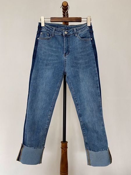 

симметрично 2020 ранней весной новый женский пряжка в цвет полосы дикий джинсовые случайные штаны 317, Blue