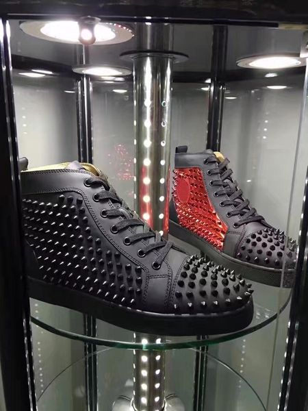 

name brand casual man woman red bottom sneaker fashion patchwork shining gold high rivets lace up party shoes spikes d09, Black