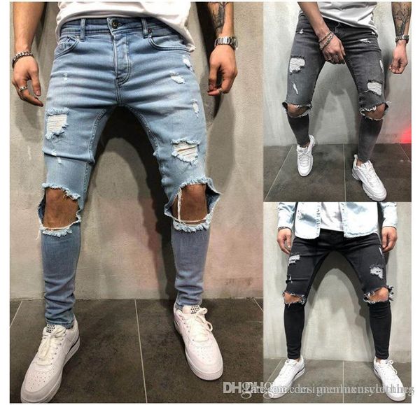 

knee holes designer men jeans long trousers blue grey black slim fit ripped biker jeans