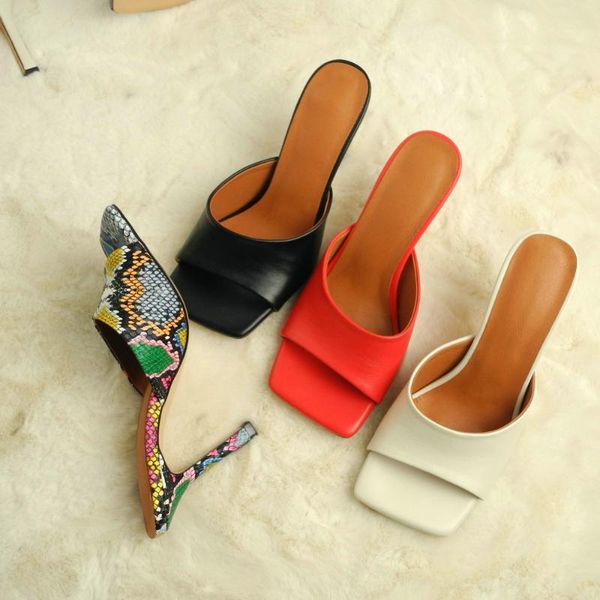 

retro fashion block high heel slippers women red beige black print square toe flip flop summer shoes plus size drop shipping