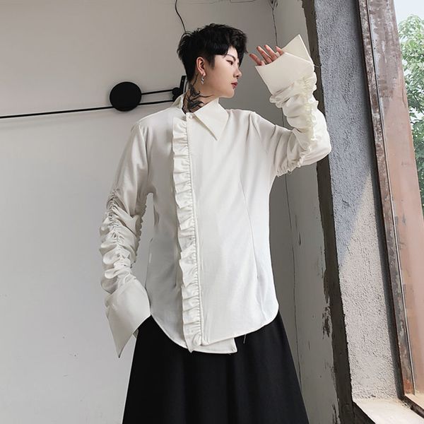 

men japan streetwear casual shirt style jacket male pleated flare sleeve vintage fashion gothic coat outerwear stage clothes, Black;brown