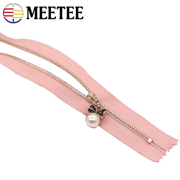 

meetee 2/5pc 40/50cm 3# metal zipper close-end auto lock pearl flower slider decor zip diy bags purse garment sewing accessories