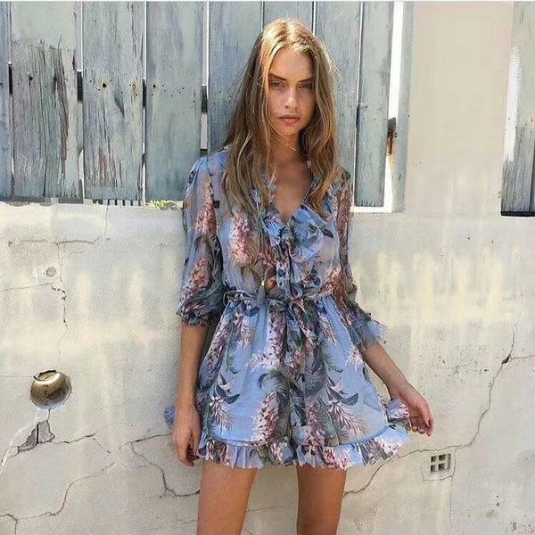 

limiguyue floral print boho women playsuits v-neck backless kimono sleeve summer jumpsuit romper chic beach jumpsut z0855, Black;white