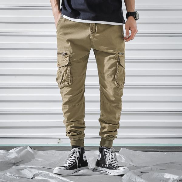 

2019 spring new cargo pants men cotton casual slim joggers men side-pockets streetwear mens joggers pants, Black