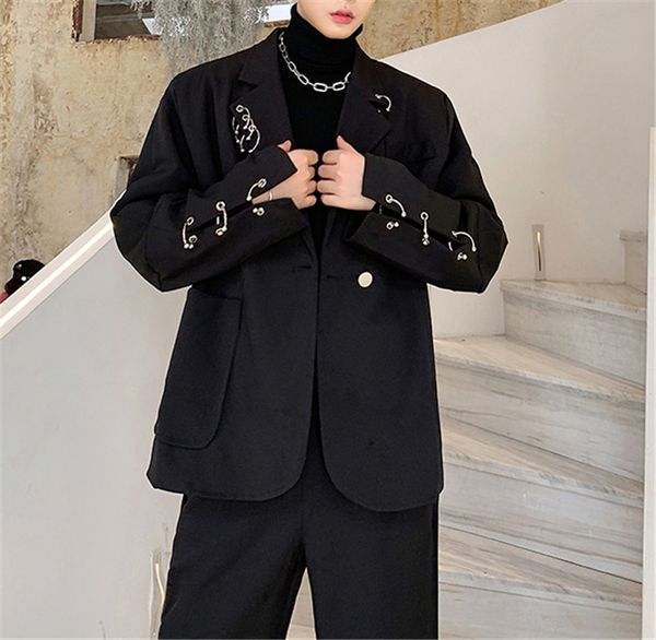 

весна мужских костюмов сплошных металлические украшения одной кнопка мужская пиджаки черная большие карманы повседневных мальчики пальто, White;black