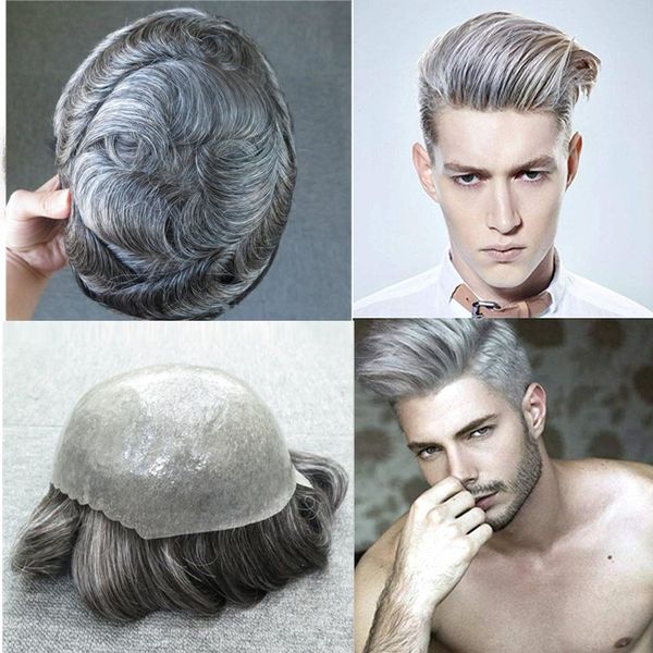 2019 Grey Hair Mens Toupee Light Wave Skin Human Hair Mens Wig
