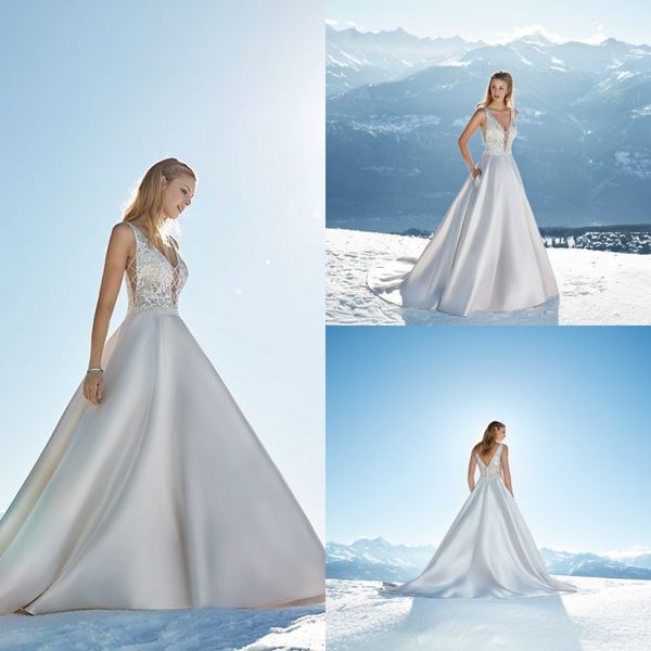 

elegant a line wedding dresses v neck satin applique wedding dresses backless sweep train bridal gowns bohemia vestidos de novia, White