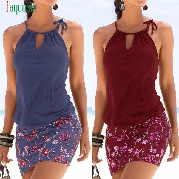 

jaycosin summer womens dress casual sleeveless retro print beach mini dress fashion beach hanging neck lacing knee 40#, Black;gray