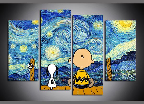 

4 panels van gogh starry night, cartoon snoopy and charlie brown artworks canvas wall art for home decor poster canvas print oil painting