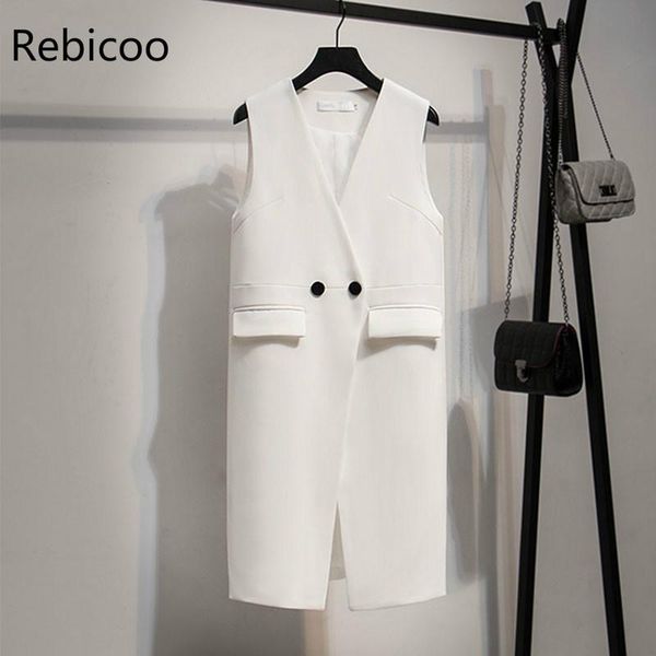 

casual solid double breasted long women suit vest 2019 korean v neck flap pockets waistcoat femme colete, Black;white