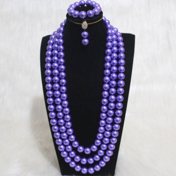 

dudo store imitation pearls jewelry set 16mm purple african beads jewelry set for nigerian weddings 3 layers long design 2019, Silver