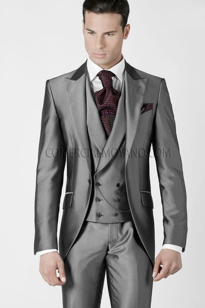 Moda grigio lucido smoking dello sposo picco bavero groomsmen uomo abito da sposa bell'uomo giacca giacca 3 pezzi giacca pantaloni gilet cravatta 916