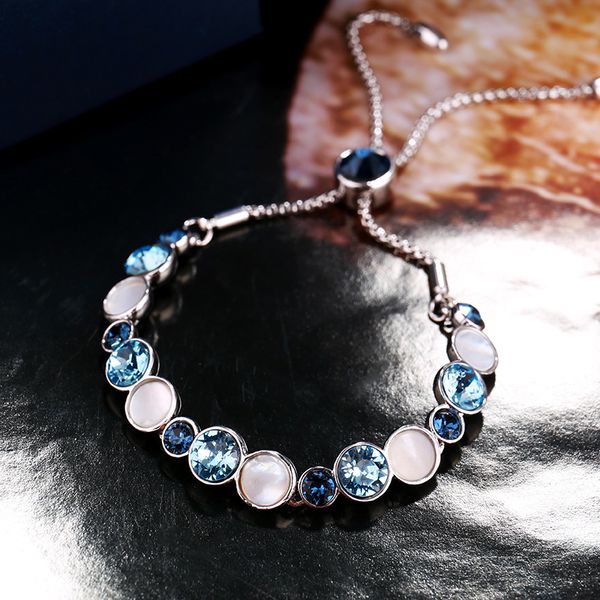 

blue crystal bracelet 925 sterling silver bracelet rhinestone crystal zircon charm women bangles wedding jewelry, Golden;silver