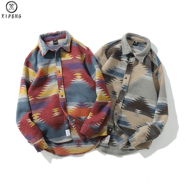 

fashion geometric woolen shirt men long sleeve winter tribe warm plaid casual shirt streetwear clothing autumn folk-custom, White;black