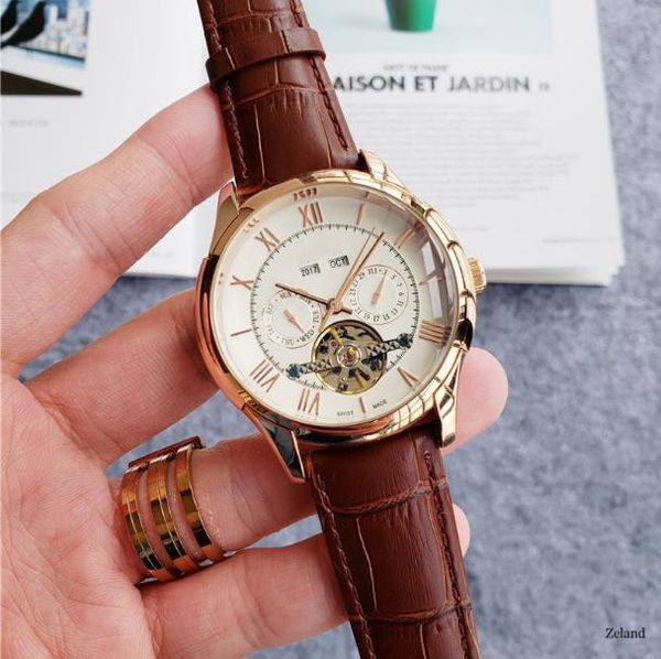 

мужские часы со всеми шкалами управления швейцарскими часами с высокого качеством механических часами календаря кожаного ремешка топ бренд b, Slivery;brown