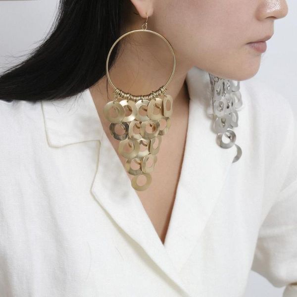 

punk tassel big sequin drop earrings circle round iron feather pendant long dangle earring for women jewelry, Silver