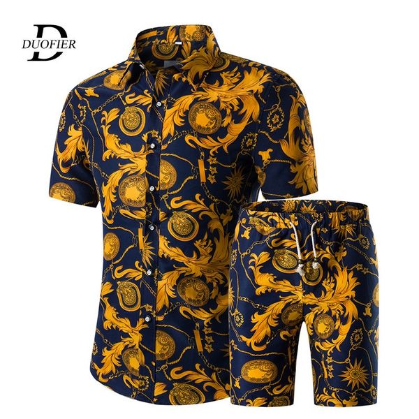 

men short sleeve shirt set 2020 summer floral loose baggy casual holiday shirts tee male suit 2 pieces sets, White;black
