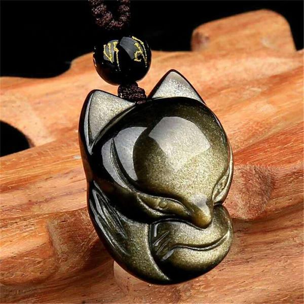 

genuine natural gold obsidian pendant necklace for woman man 29x22mm beads carved energy gemstone rope chain jewelry, Silver