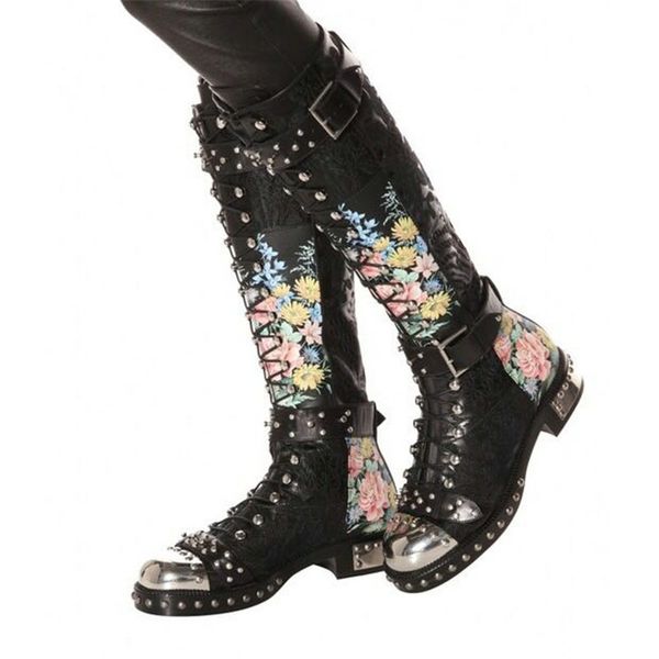 

2019 fashion rivet knee high boots women cow leather square low heel women boots lacing buckle zipper autumn winter martin boots, Black