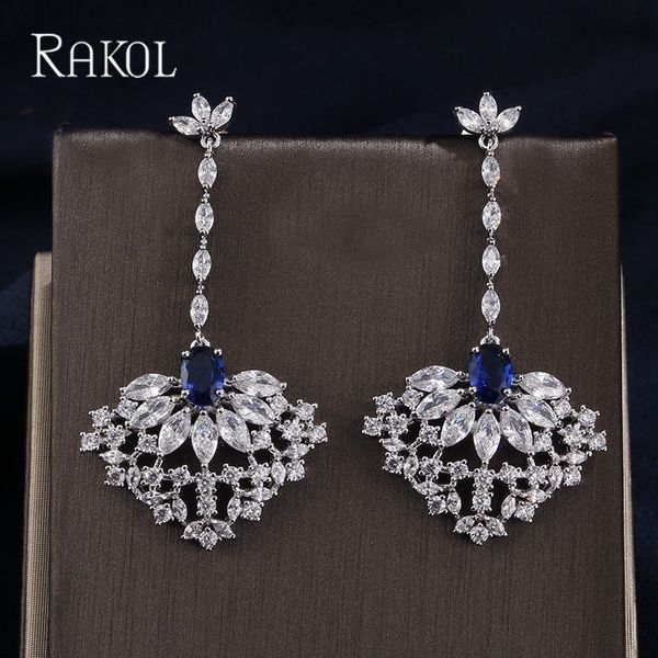 

rakol fashion sector shape micro inlay cubic zirconia with blue crystal hollow pendant earrings set for women birthday gifts, Slivery;golden