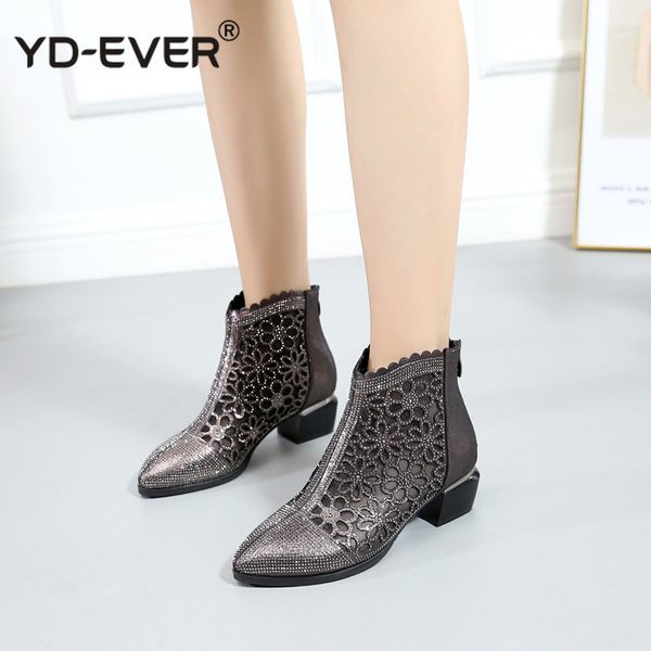 

fashion rhinestones gauze sandals summer new mesh boots genuine leather women's shoes hollow boots large size 40-42, Black