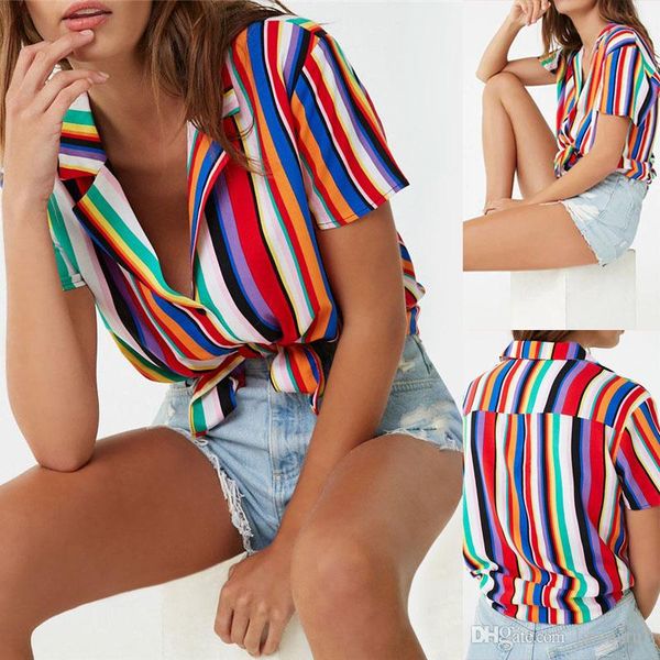 

блуза женщины 2019 лето с коротким рукавом шифон блузка рубашка полосатой turn down воротник офис рубашка casual tops плюс размер, White