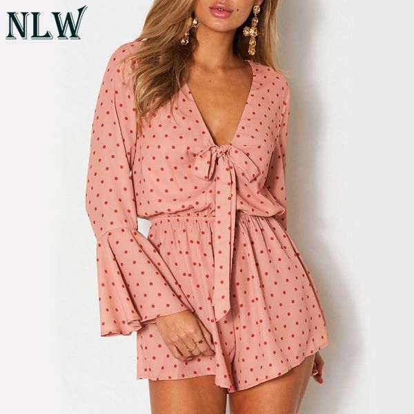 

nlw polka dot lace up jumpsuit women 2018 autumn playsuit flare sleeve v neck casual bow playsuit shortrompers, Black;white