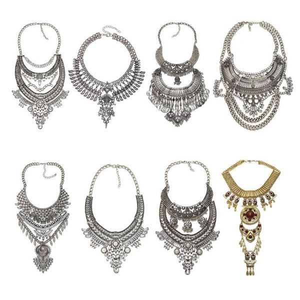 

retro silver chunky necklaces crystal bib collar choker ethnic statement jewelry